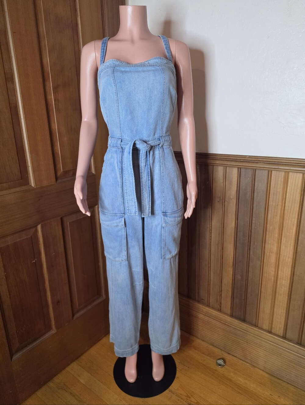 Free People Go West Light Blue Denim Cargo Jumpsuit XL